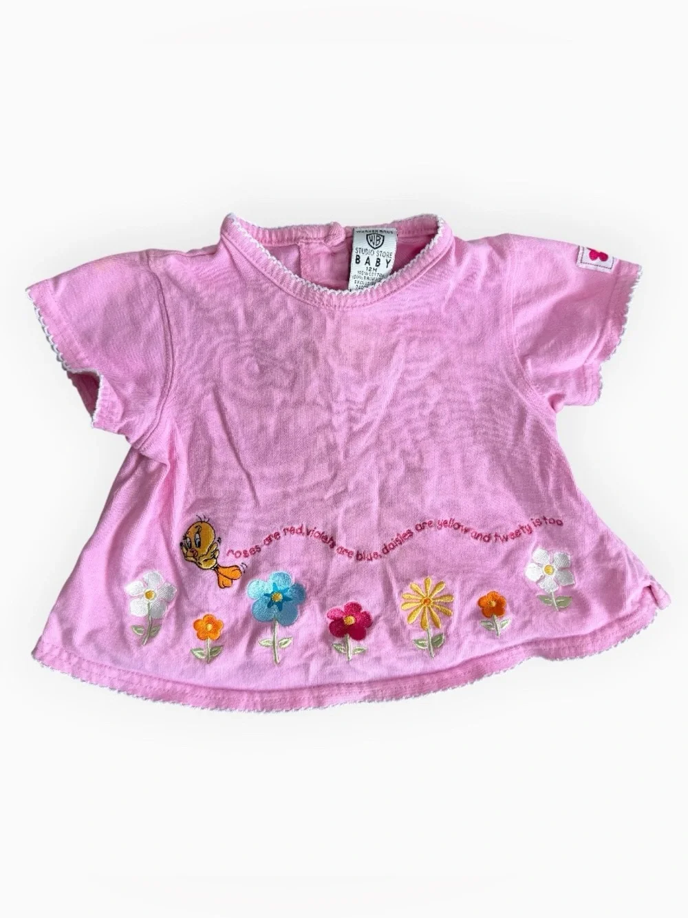 Vtg Warner Bros Studio Store Baby Tweety Bird Embroidered Floral Pink Shirt 12M